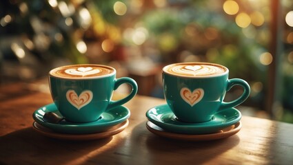 Fototapeta premium Two Lattes in Mugs Showcasing Latte Art
