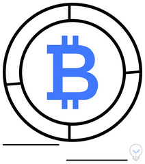 Bitcoin symbol highlighted in circular diagram with thin lines and light bulb icon. Ideal for blockchain, cryptocurrency, finance, innovation, digital currency, fintech, investment. Flat simple