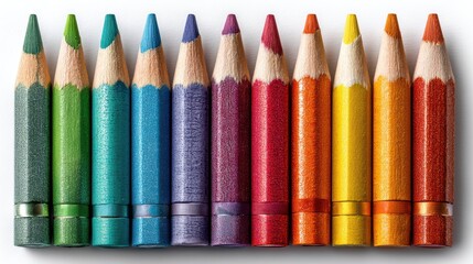 a set of colorful pencils forming a rainbow on a white isolated background, artistic and playful look