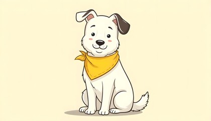 Cartoon dog outline wearing a yellow bandana, sitting, hand-drawn look,.