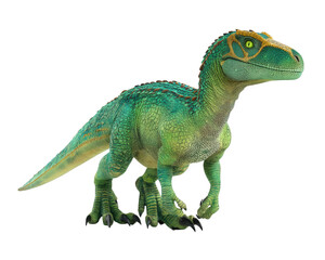 Naklejka premium Vibrant green dinosaur with textured scales stands confidently, showcasing its unique features and lively expression. This creature embodies sense of wonder and adventure, captivating imagination
