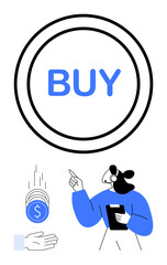 Bold Buy button with coins dropping into an open hand, person in headset pointing, holding clipboard. Ideal for e-commerce, shopping, payment, marketing, sales, customer service simple landing