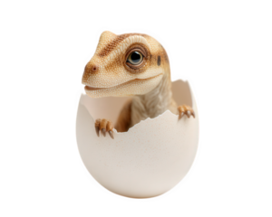 Baby dinosaur emerging from eggshell, showcasing its curious expression and textured skin. scene captures wonder of new life and beauty of nature creations