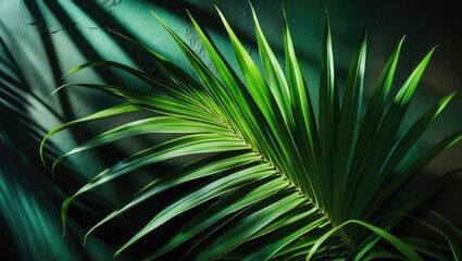 Fototapeta premium Tropical palm leaf shadow on an abstract natural green backdrop with dark textures