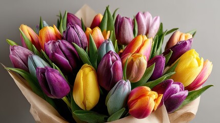 a bouquet of colorful tulips on a white isolated background, fresh and vibrant floral design