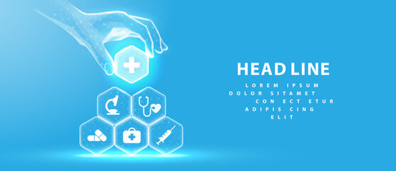 Healthcare system. Medical icons on hexagons made pyramid and hand holding the top element. Health care plane, patient service digital technology, ai integrate