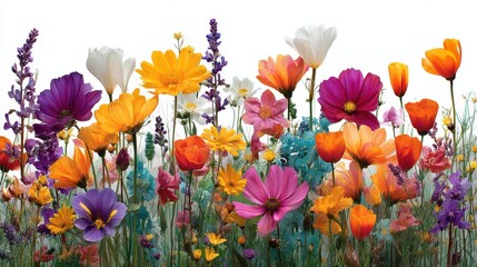 a vibrant spring meadow with flowers blooming on a white isolated background, fresh and colorful design