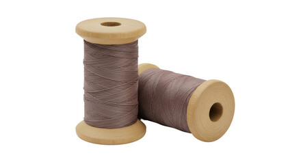 Isolated Two Wooden Spools with Brown Thread