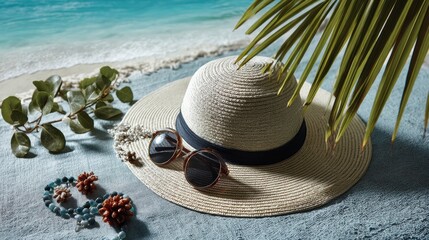 a beach scene with a sun hat and sunglasses on a white isolated background, bright and relaxing summer vibe