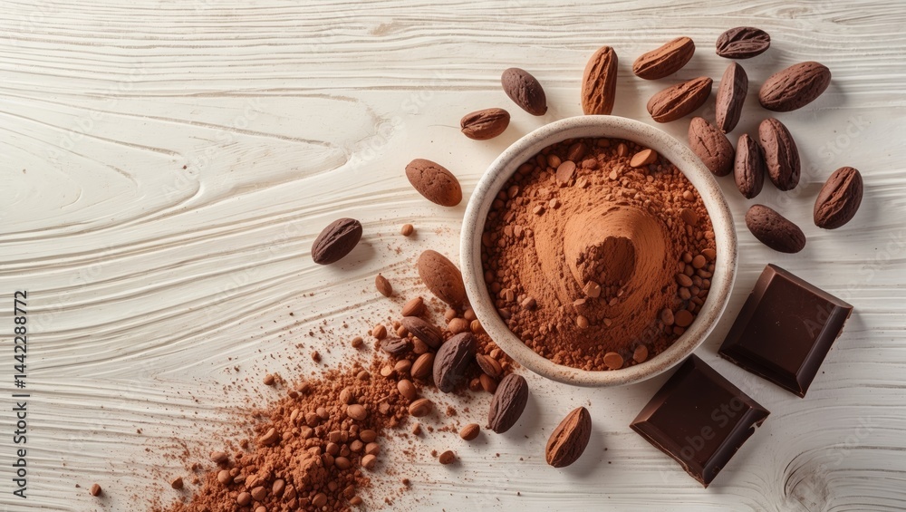 Poster Cacao and chocolate theme. Cocoa powder in a bowl with beans and broken pieces on a white backdrop top view copy space