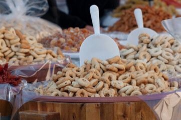 market in Italy, containers with taralli snacks