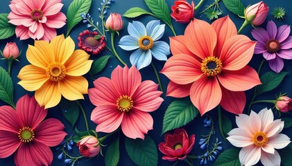 Continuous blooming flowers, intricate design, pastel, petals