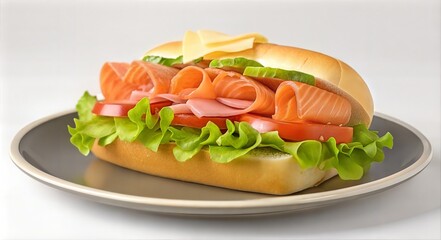 Sandwich with Ham Cheese Lettuce Tomato and Cucumber on a White Plate