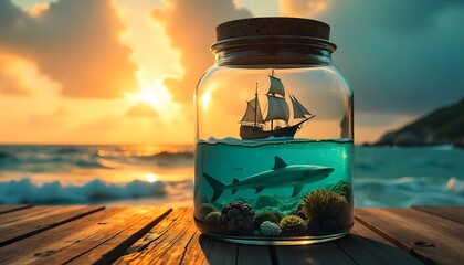 Obraz premium A cinematic ultra-realistic scene inside a large glass jar with a cork lid. 