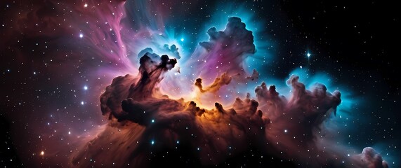 Fototapeta premium Colorful nebula clouds bursting with star clusters on a cosmic black background
