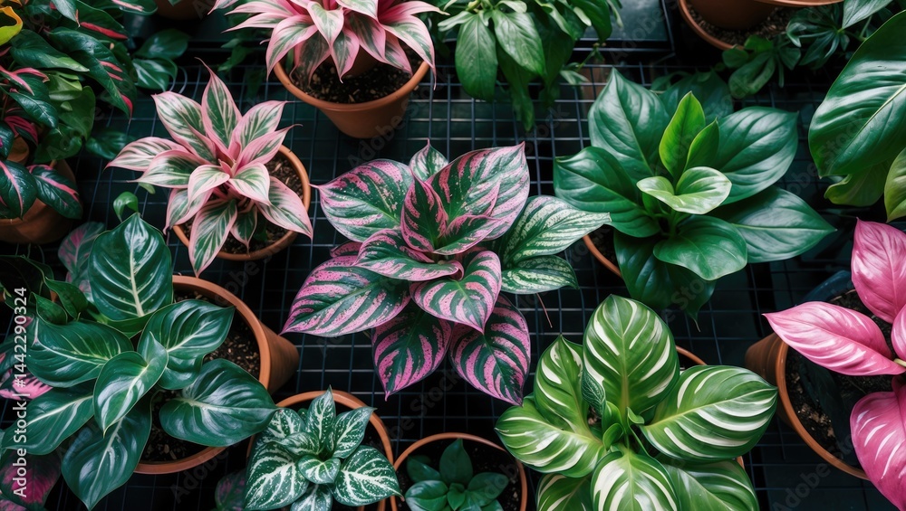 Poster different species of calathea in pots featuring unique foliage