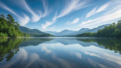 Fototapeta premium The peaceful lake reflects the magnificent mountains, complemented by the cool air and greenery that enhance the calm ambiance.