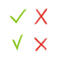 Check mark and X cross hand drawn symbol set. Grunge design elements for yes and no answer. Accept or reject choice icon.