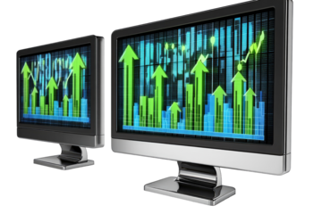 Two computer monitors displaying upward trending financial charts