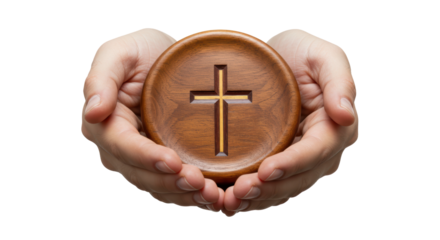 Isolated Hands Holding Wooden Disc with Cross Symbol