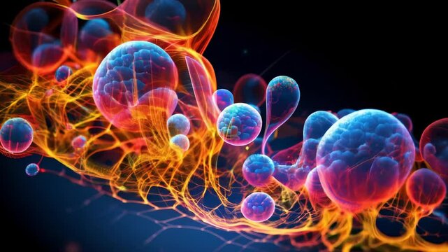 Abstract network of connected cells. Glowing spheres with intricate internal details. Orange and blue light on a dark background. Science and technology concept.