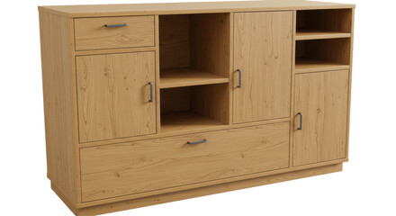 Isolated Modern Wooden Cabinet with Drawers and Shelves
