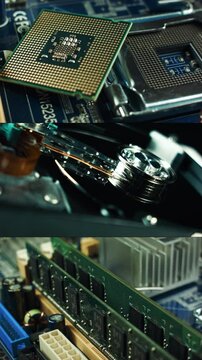 Detailed close-up footage showcasing crucial computer components, including a CPU, hard drive, and RAM modules. Focus on circuit board connections and intricate technology elements. Ideal for tech