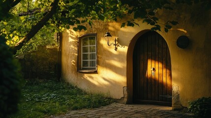 Fototapeta premium A rustic building entrance with a wooden door and a window