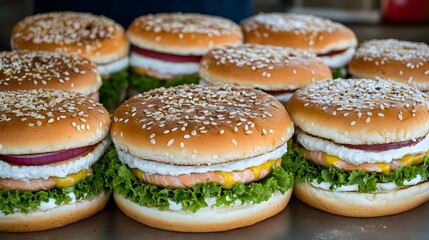 Delicious Salmon Burgers with Sesame Buns, Closeup