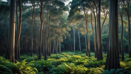 Scenic forest panorama highlighting upright narrow trees with distinctive bark and verdant ferns and bracken on the forest floor