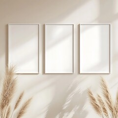 Three blank white frames hang on a wall with pampas grass decoration