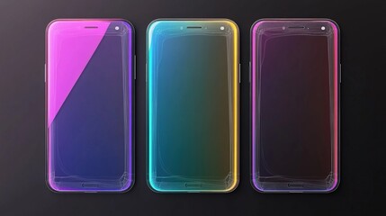 Transparent smartphone mockup with colorful wireframe overlay showing futuristic design of minimalist tech product on pure white background. High tech digital device concept