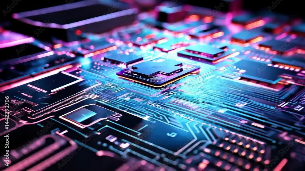 Poster electronic circuit board close up with illuminated pathways. data processing and computer technology