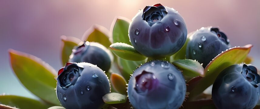 Close up of succulent blueberries glistening with morning dew against soft pastel backgrounds