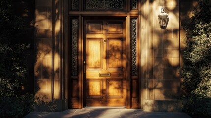 A wooden door is illuminated by sunlight casting leaf shadows