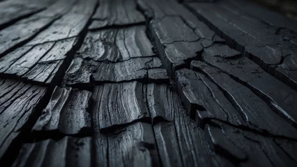 Gordijnen Charred board texture showcasing burnt wood patterns © Kultivad