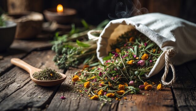 Herbs for healing, anti-inflammatory, fragrant, and calming purposes in a white cotton bag with wooden spatula on wooden table