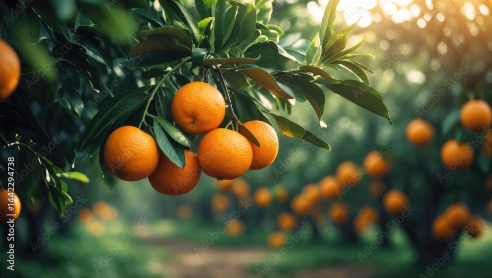 Poster bunch of fully grown oranges hanging from a tree