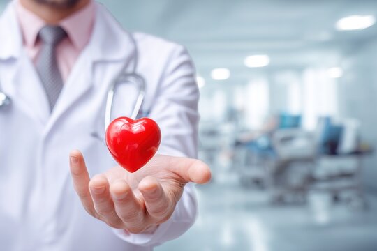 Doctor holding red heart in his hand in nursing hospital ward : healthy strong medical concept