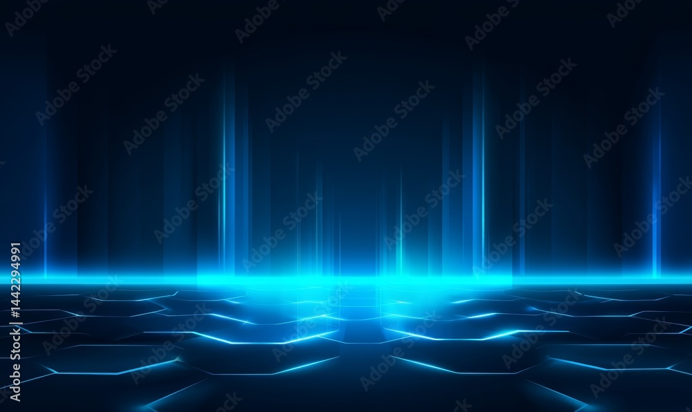 Poster a 3d rendering of a silver metal surface featuring a background pattern of glowing black and blue he