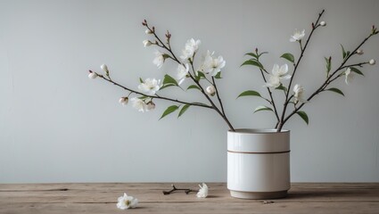 Cherry blossom branch in a jar on wooden table, bright wall, spring home embellishment