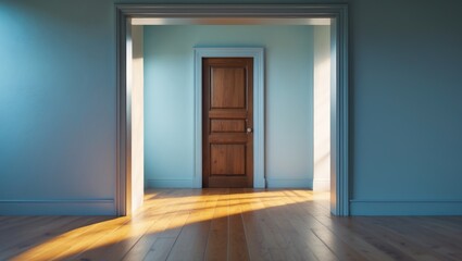Interior room showcasing a frontal perspective of a wooden door with wooden floors and blue-painted walls.
