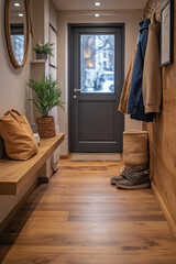 Obraz premium Entrée de maison accueillante avec parquet en bois, meubles naturels, plantes d’intérieur et accessoires cosy, ambiance chaleureuse et lumineuse en lumière naturelle