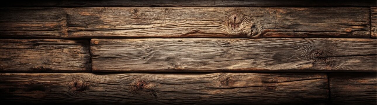 Aged brown rustic dark wood grain texture forms a wooden background panorama for a long banner