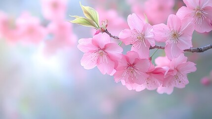 Obraz premium Beautiful Cherry Blossom Branch with Pink Flowers in Full Bloom
