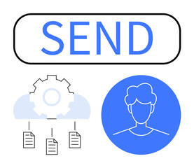 SEND button, cloud with gear and documents, user profile in circle. Ideal for communication, technology, cloud storage, teamwork, user interface, data management flat simple metaphor