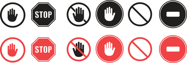 NO ENTRY sign, Prohibition sign, Stop palm hand icon in crossed out red circle,No Sign and Stop Sign Icon Set , black and red color vector illustration, shilhiouette