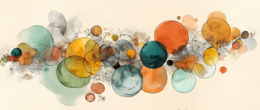 The background style of abstract modern art boasts a colorful arrangement of circles and spots in pink, blue, yellow, red, green, and purple, all on a light beige or white foundation