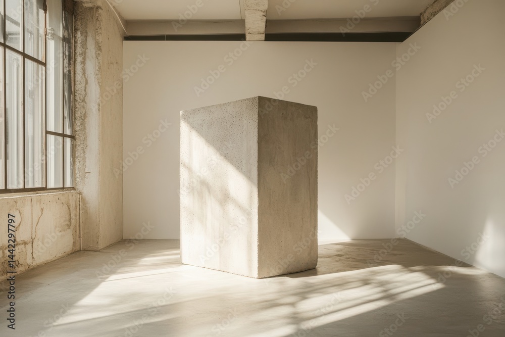 Leinwandbilder Minimalist interior with light streaming across a block-shaped concrete object, accentuating texture and shadows in a simple space.