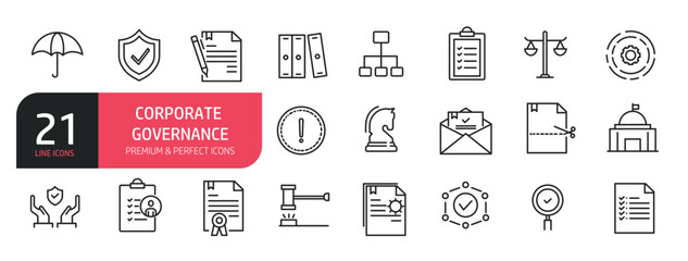Set of line icons related to governance, procedure, law, problem solution, government building. Outline icons collection. Editable stroke. Vector illustration.